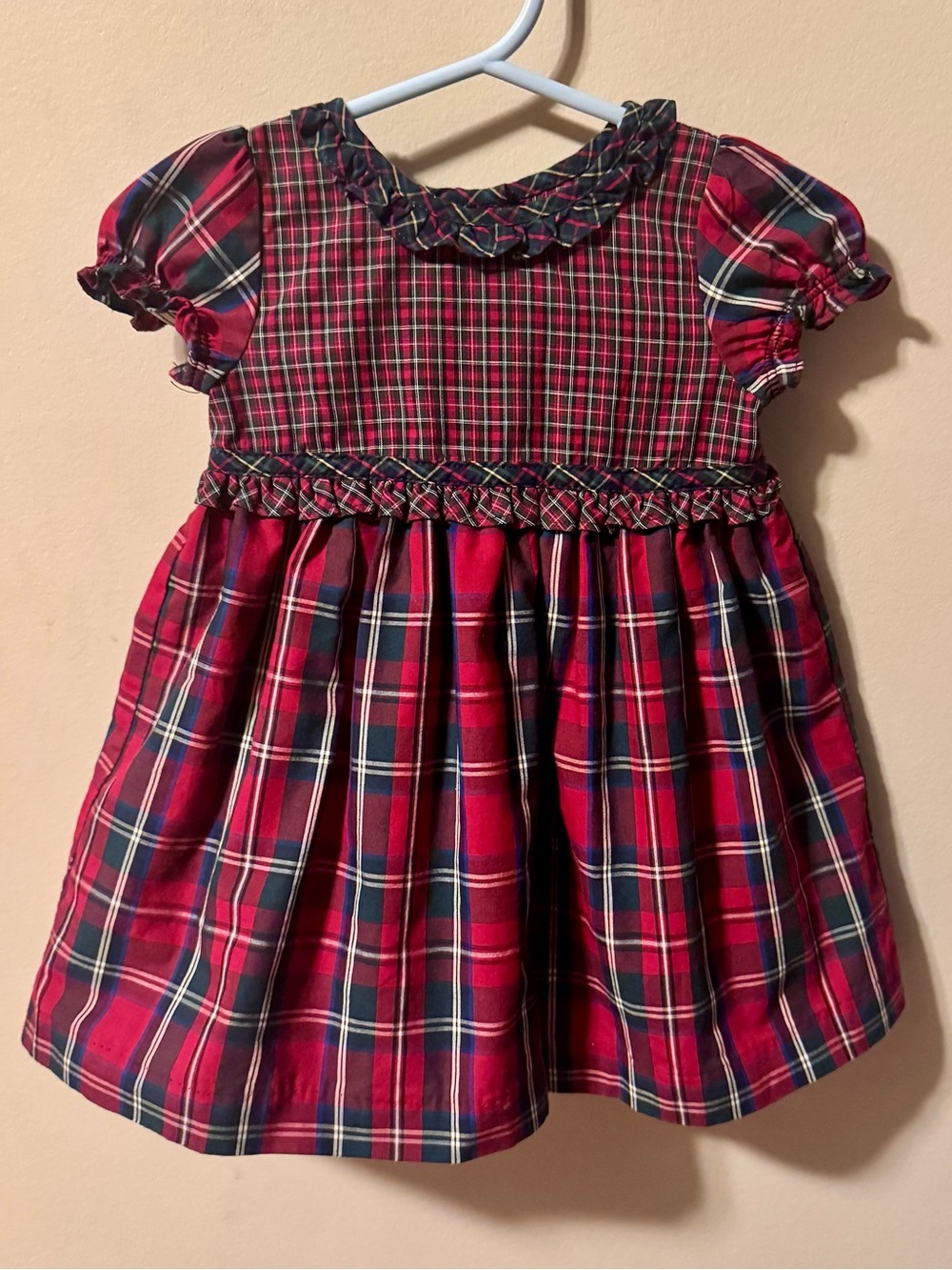 Chaps Red and Navy Plaid Smocked Holiday Dress